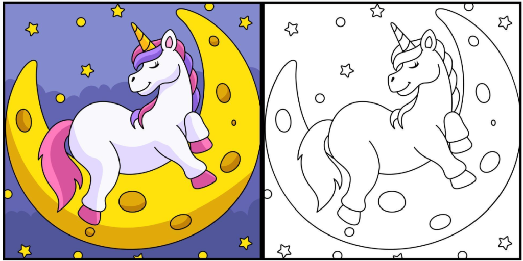 Unicorn pe luna de colorat